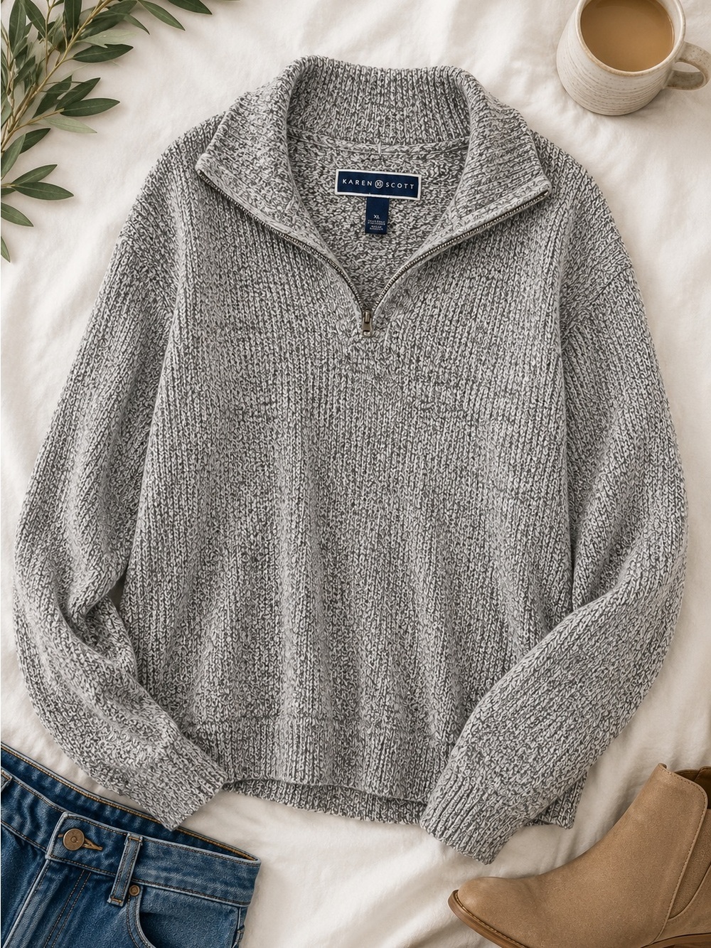 Karen Scott Gray Marled Quarter Zip Pullover Sweater XL Cozy Soft Knit